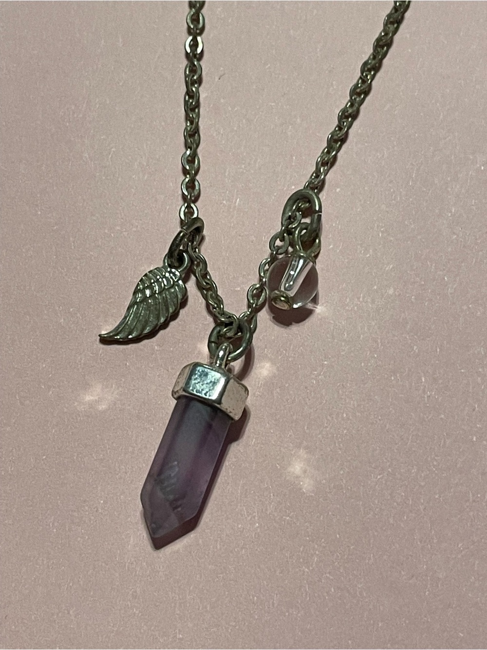 Silver Tone Purple Amethyst Angel Wing Charm N.R. Necklace #9655